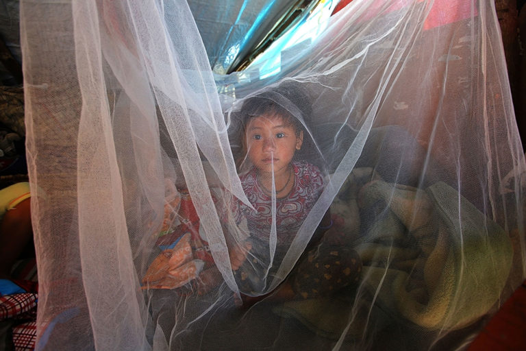 On 8 May 2015, Sophiya Gurung, 3, looks out of a mosquito net that was included in the UNICEF-provided hygiene kit in Baluwa village in Gorkha district.