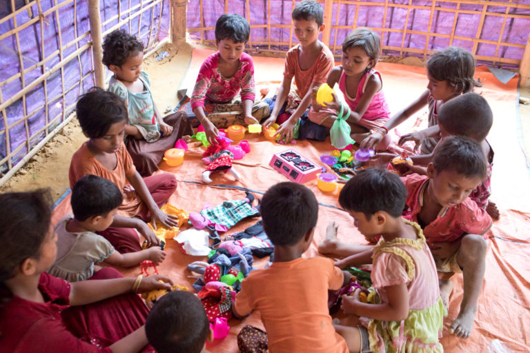 Rohingya children play at an emergency child friendly space in Bangladesh